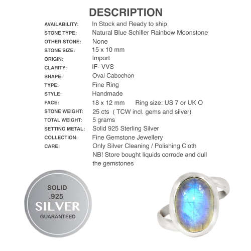 Natural Blue Schiller Rainbow Moonstone set in Solid .925 Sterling Silver Ring Size US 7 or O