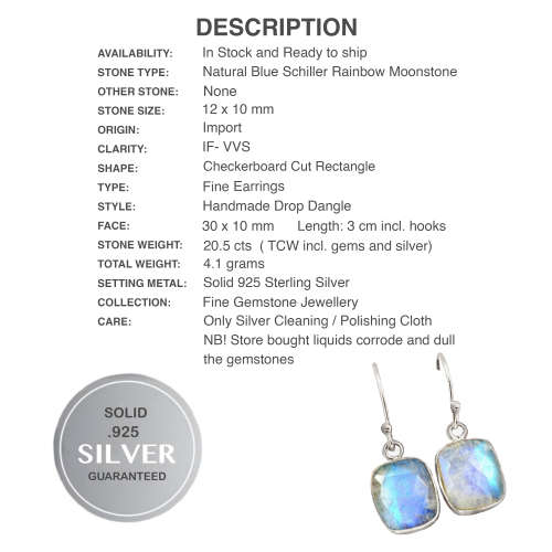 Natural Rainbow Moonstone Gemstone Solid .925  Silver Earrings