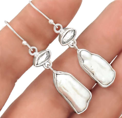 Natural Biwa Pearl, Herkimer Diamond  set in Solid .925 Sterling Silver Earrings