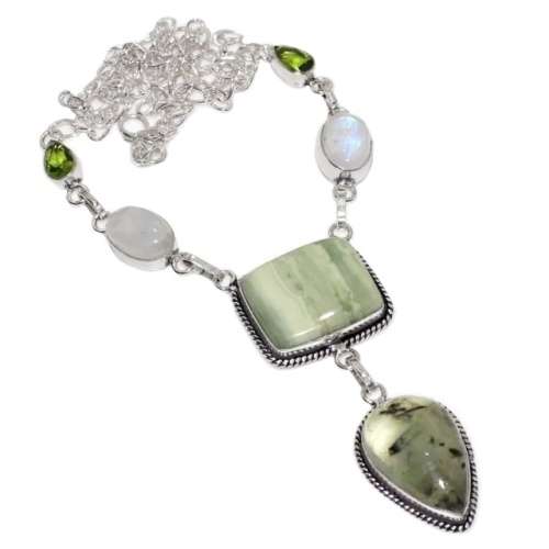 Natural Larsonite Peridot Moonstone & Prehnite Gemstone 925 Sterling Silver Plated Handmade Necklace