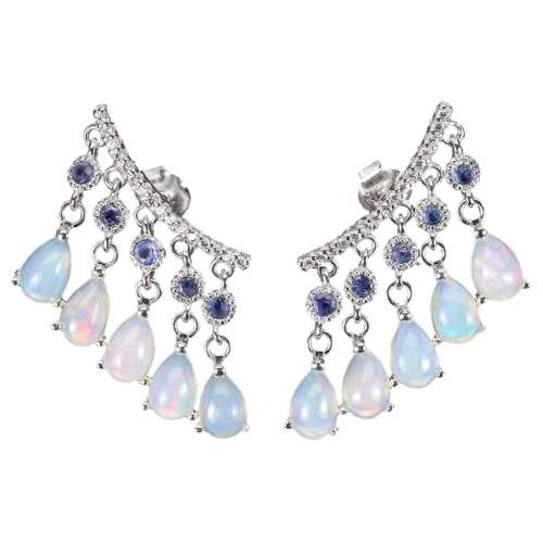 Natural Unheated Rainbow White Fire Opal & White Cubic Z Solid .925 Silver  14K White Gold Earrings