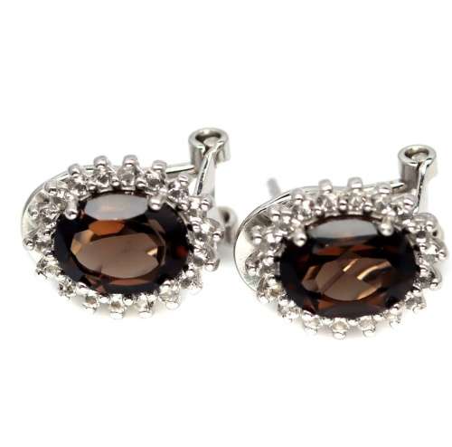 23.85cts Natural Unheated Smoky Quartz White Cubic Zirconia .925 Sterling Silver 14K W/Gold Earrings