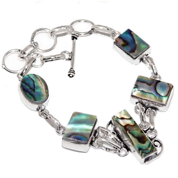 New Zealand Natural Mixed Shapes Abalone Paua Shell Set in .925 Sterling Silver Plated Bracelet