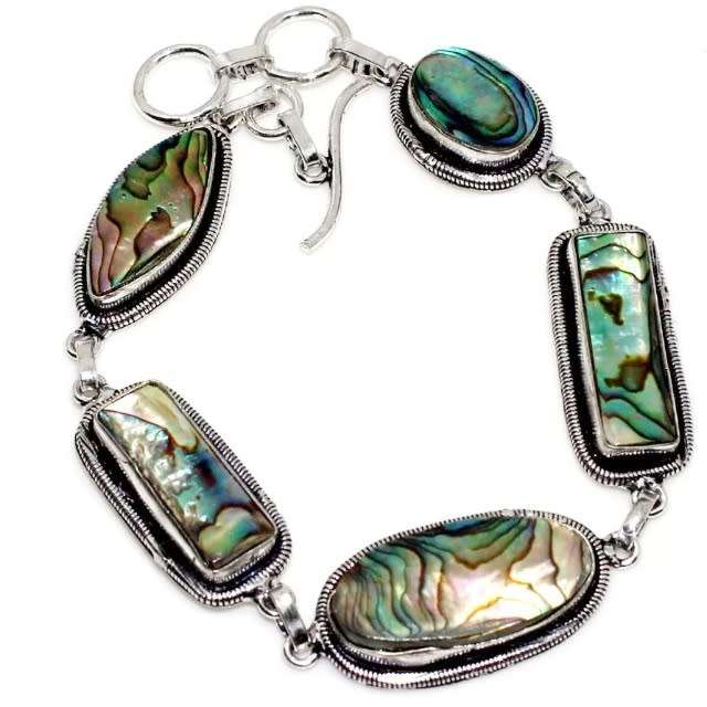 Natural New Zealand Abalone Paua Shell Mixed Shapes .925 Sterling Silver Plated Handmade Bracelet