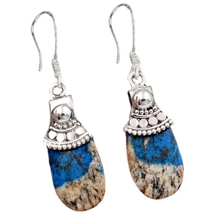 Natural K2 Blue Azurite in Quartz Gemstone set in Solid .925 Sterling Silver Earrings