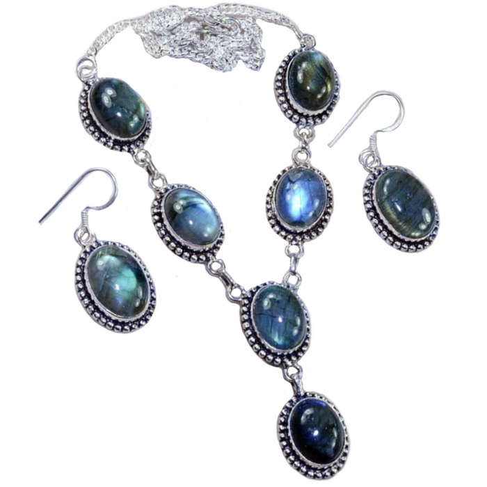 Natural Labradorite Ovals in 925 Sterling Silver Plated Antique Style Necklace and Earrings Set