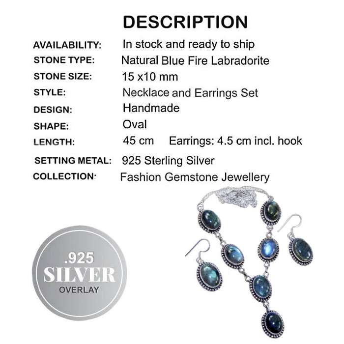 Natural Labradorite Ovals in 925 Sterling Silver Plated Antique Style Necklace and Earrings Set