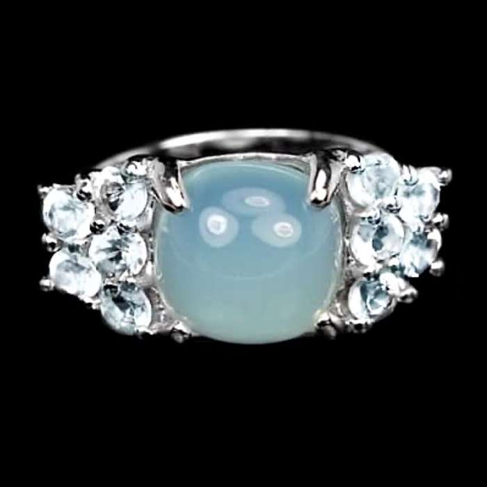 10 Natural Unheated Blue Topaz and Blue Chalcedony in Solid .925 S/ Silver Ring Size 7 or O
