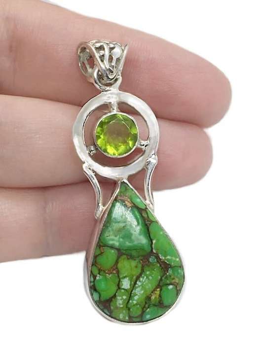 Natural Copper Green Turquoise and Peridot set in Solid 925  Sterling Silver Pendant