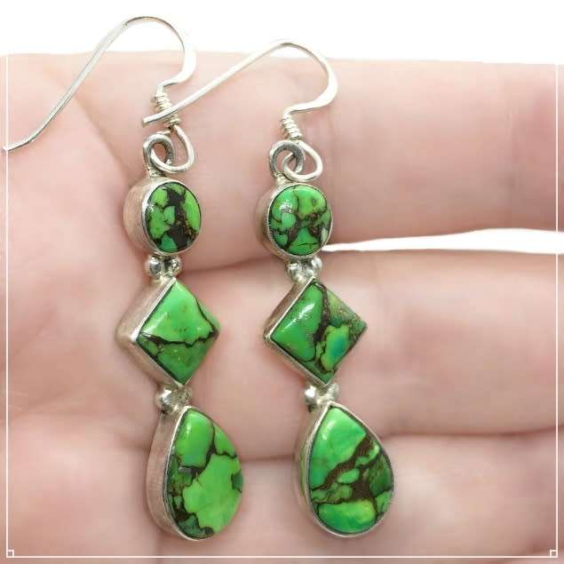 Natural Copper Green Turquoise Gemstones set in Solid .925 Sterling Silver Earrings