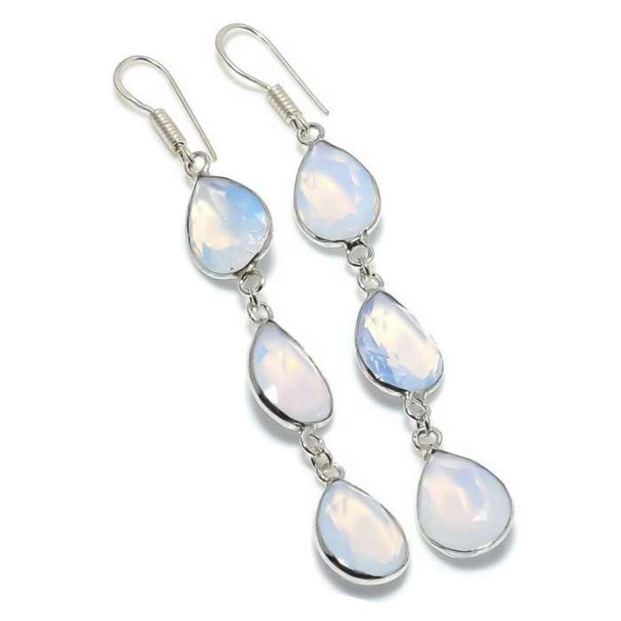 Opalite Pears Gemstone .925 Sterling Silver Plated Handmade Long Drop Dangle Earrings