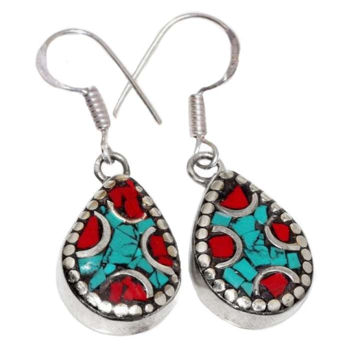 Handmade From Nepal Natural Turquoise Gemstone Pear Shape Tibetan Silver Earrings