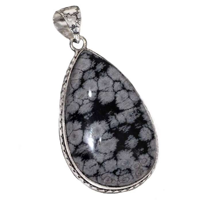 Handmade Natural Snowflake Obsidian Pear set in .925 Sterling Silver Plated Antique Style Pendant