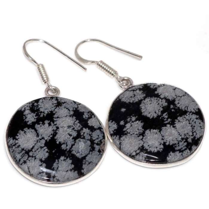 Handmade Natural Snowflake Obsidian Round Gemstone set  .925 Sterling Silver Plated Earrings