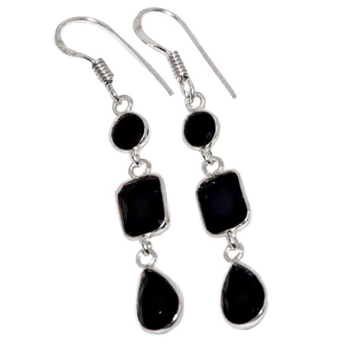 Faceted Black Onyx Mixed Shapes set in  925 Sterling Silver Plated Long Dainty Earrings
