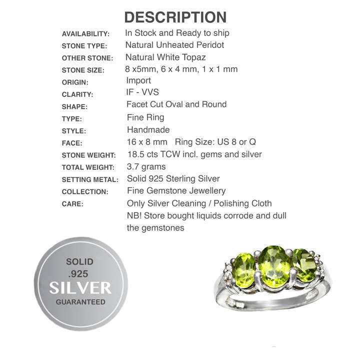 Deluxe Natural Unheated Peridot and White Topaz Solid .925 Sterling Silver Size 8 or Q