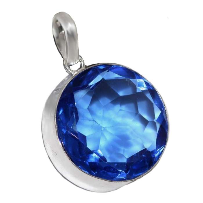 Bold Simulated Round Sapphire Blue Quartz set in 925 Sterling Silver Plated Handmade Pendant