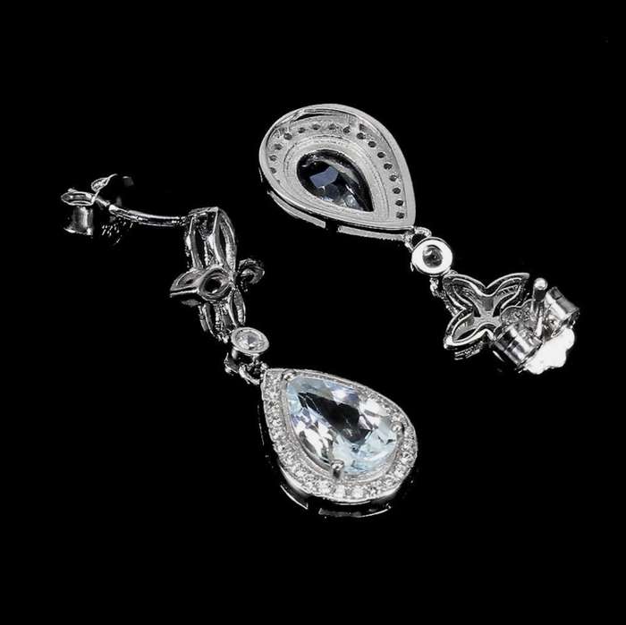 Natural Unheated Aquamarine Pear and White CZ Gemstone Solid .925 Sterling Silver Stud Earrings