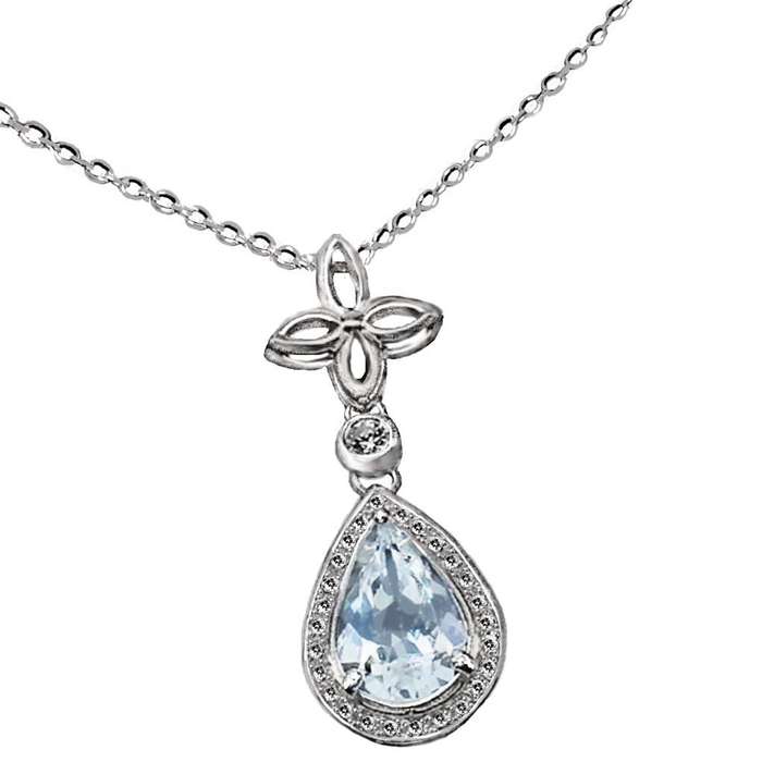 Natural Unheated Aquamarine Pear and White CZ Gemstone Solid .925 Sterling Silver Necklace