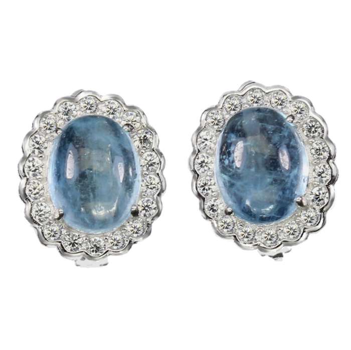 Deluxe Natural Unheated Aquamarine Oval and White CZ Gemstone Solid .925 Sterling Silver Necklace