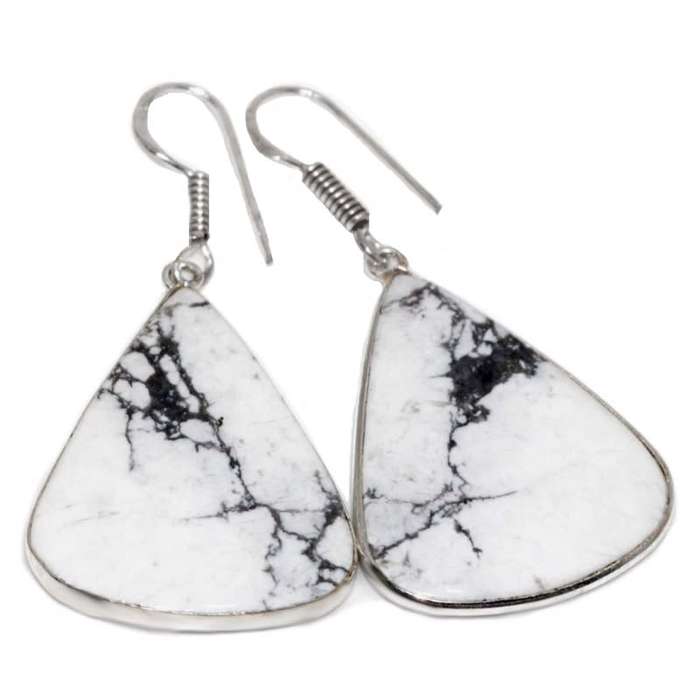 Natural Howlite Large Pear Shape Gemstone  925 Sterling Silver Plated Handmade Earrings