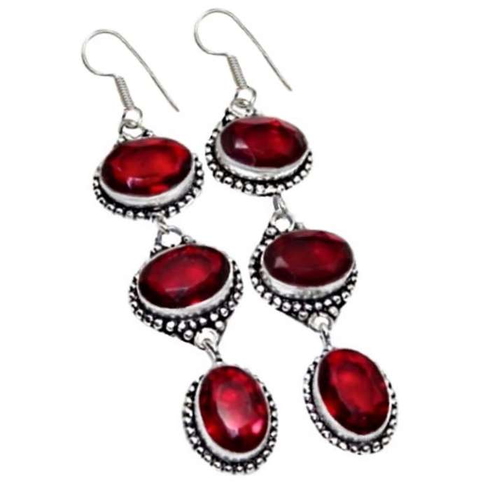 Red Garnet Ovals Gemstone set in .925 Sterling Silver Plated Handmade Long Earrings