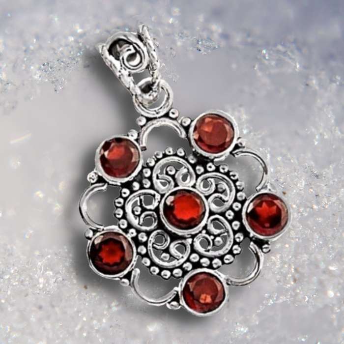 Indonesian Bali -Java  Natural Mozambique Garnet Solid .925 Sterling Silver Pendant