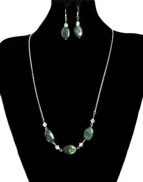 Natural Chrysocolla and Crystal beads set in .925 Sterling Silver Necklace & Earrings Set