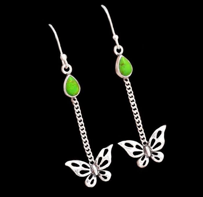 Natural Mohave Copper Green Turquoise Gemstone set in Solid 925 Sterling Silver Butterfly Earrings