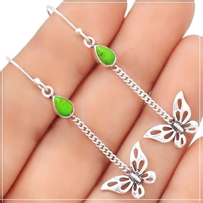 Natural Mohave Copper Green Turquoise Gemstone set in Solid 925 Sterling Silver Butterfly Earrings