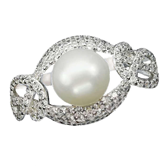 9.78 cts Natural Creamy White Pearl  White Cubic Zirconia Set in Solid .925 Sterling Silver Size 7