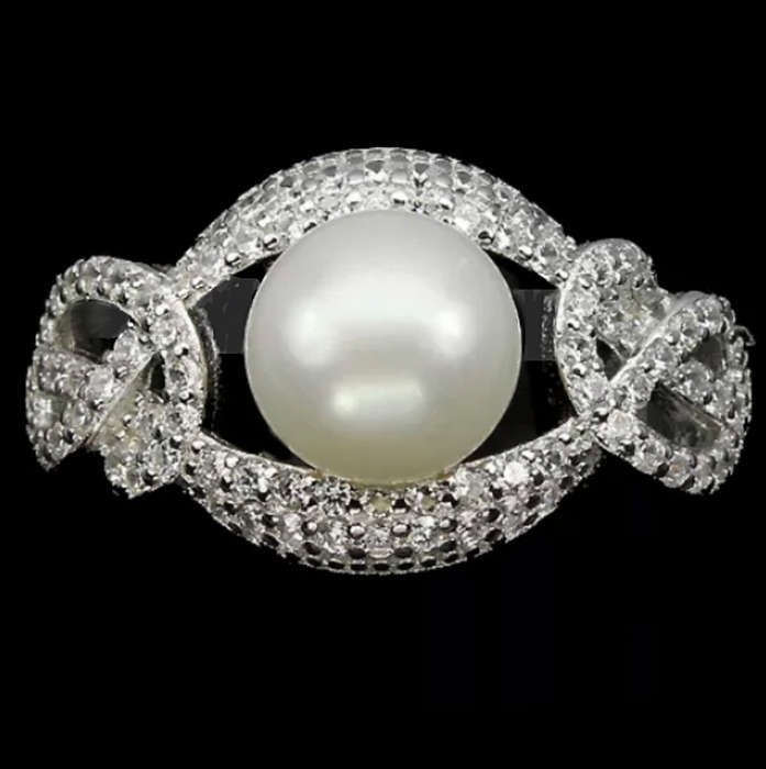 9.78 cts Natural Creamy White Pearl  White Cubic Zirconia Set in Solid .925 Sterling Silver Size 7