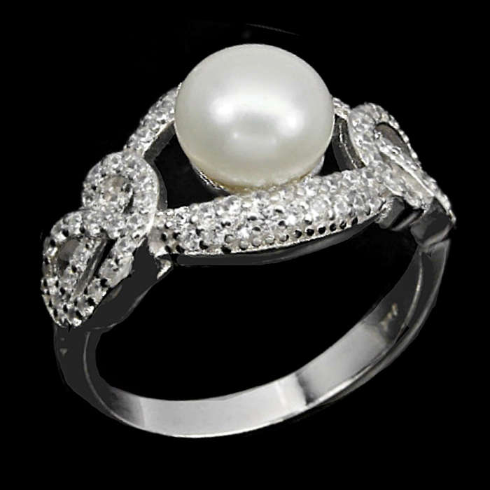9.78 cts Natural Creamy White Pearl  White Cubic Zirconia Set in Solid .925 Sterling Silver Size 7