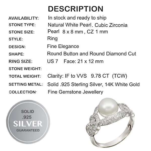 9.78 cts Natural Creamy White Pearl  White Cubic Zirconia Set in Solid .925 Sterling Silver Size 7
