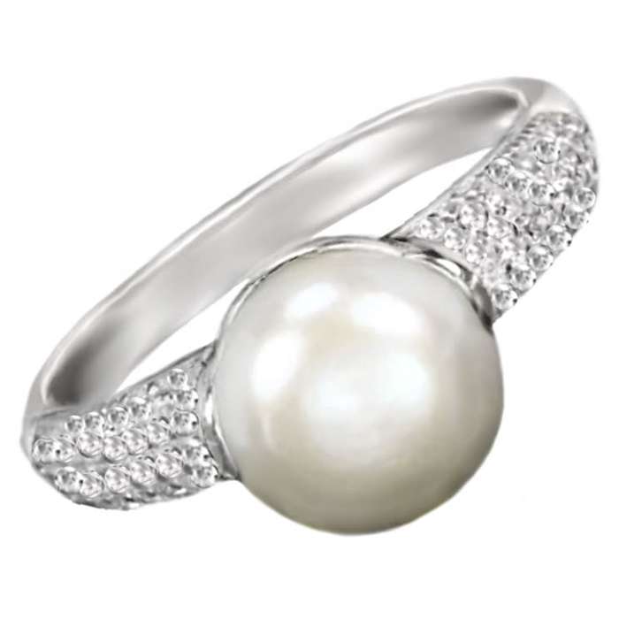 Elegant AAA Natural 9 mm White Pearl, Cr. Diamonds Solid .925 Sterling Silver Size 8 or Q