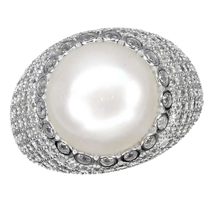 Deluxe Natural Creamy White Pearl and White Cubic Zirconia Solid .925 Sterling Silver Size 7.5 or P