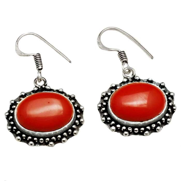 Antique Style Red Coral Ovals set in .925 Sterling Silver Plated Handmade Earrings
