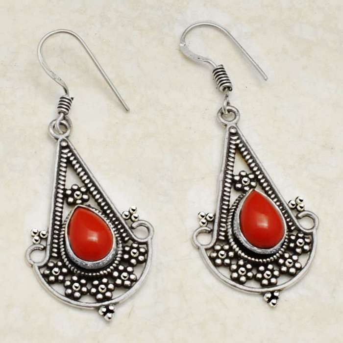 Red Coral Pear Shape set in .925  Sterling Silver Plated Handmade Antique Style Earrings
