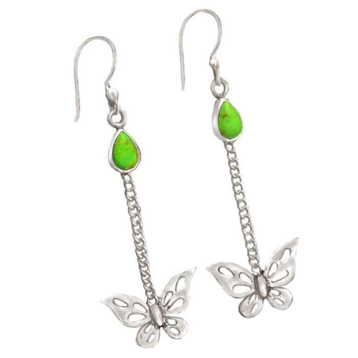 Natural Mohave Copper Green Turquoise Gemstone set in Solid 925 Sterling Silver Butterfly Earrings
