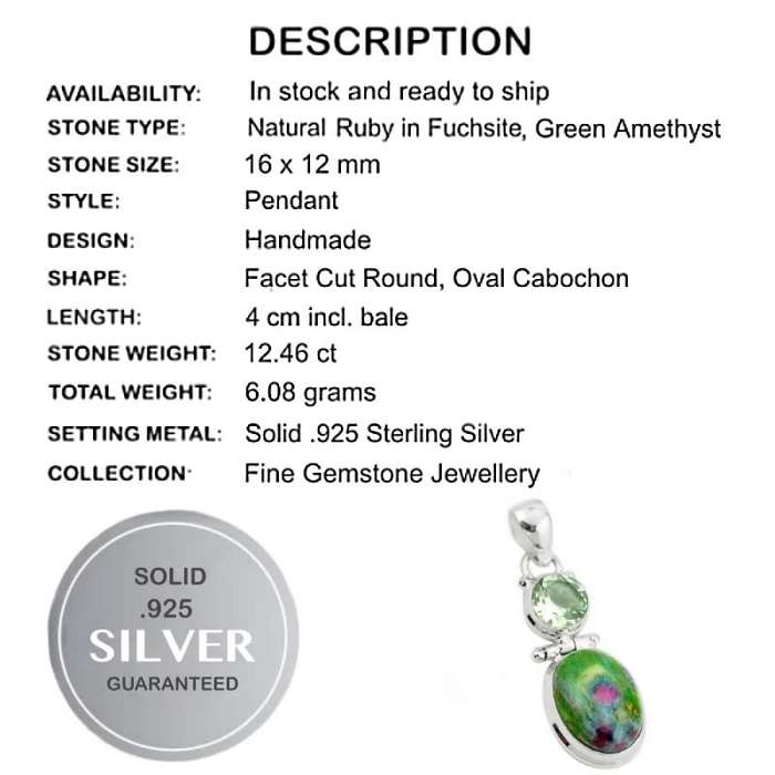 Natural Green Amethyst and Ruby in Fuchsite Set in Solid .925 Sterling Silver Pendant