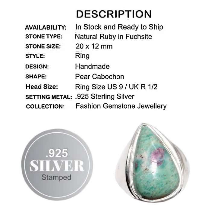 Natural Ruby in Fuchsite 925 Sterling Silver Ring Size US 9 or R 1/2