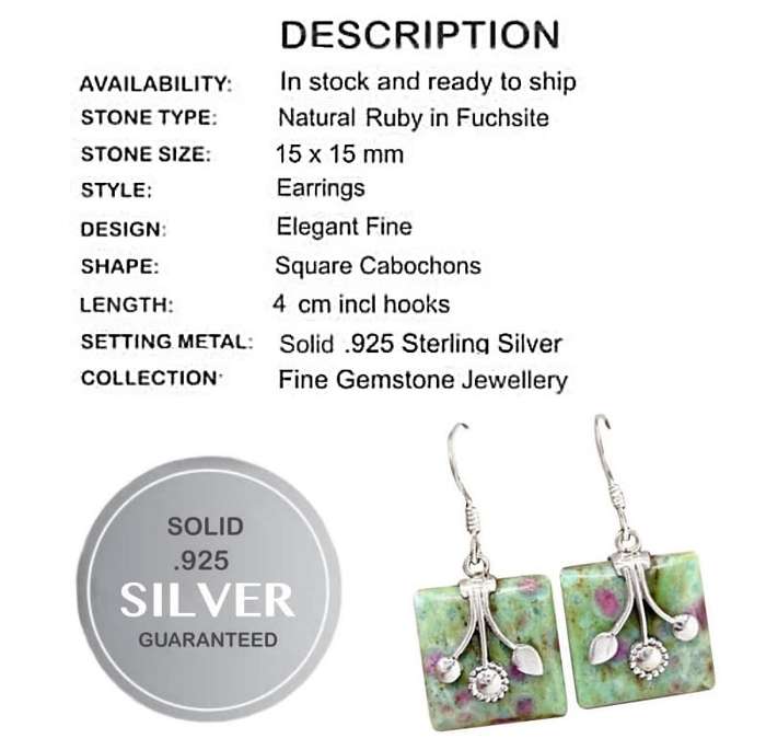 Indonesian Bali Natural Ruby in Fuschite  Square Gemstone Set in Solid .925 Sterling Silver Earrings