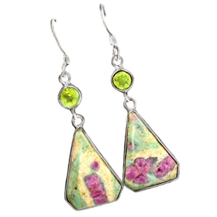 Enchanting Natural Ruby in Fuschite, Peridot Set in Solid .925 Sterling Silver Earrings