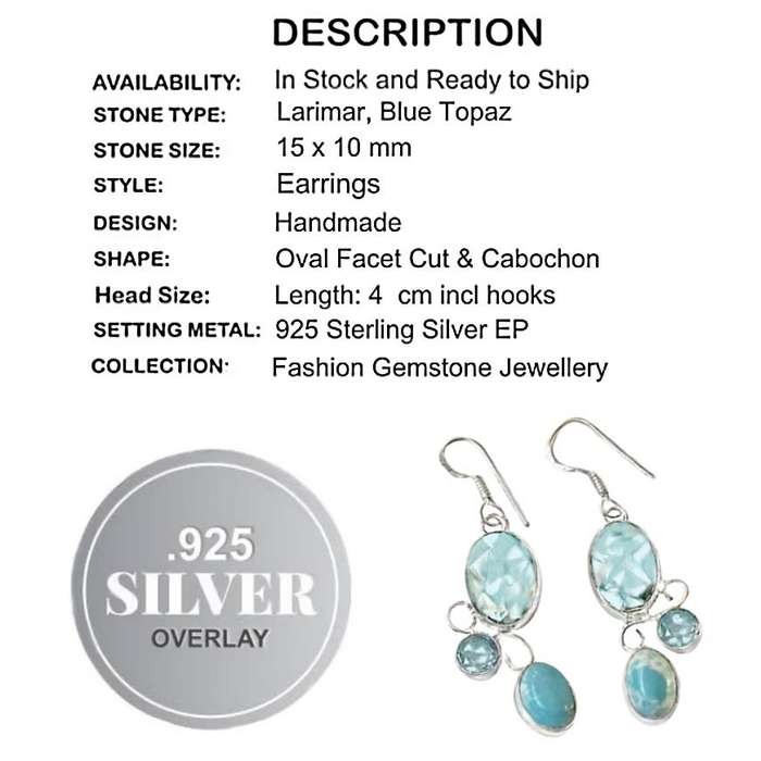 Handmade Larimar and Blue Topaz  .925 Sterling Silver Fashion Gemstone Earrings