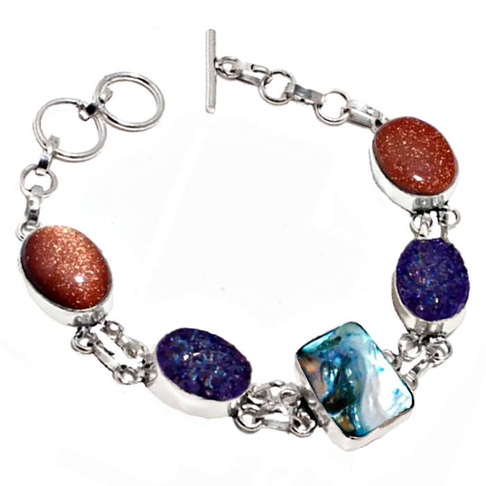 New Zealand Abalone Paua Shell Gold Sandstone, Druzy in 925 Sterling Silver Plated Handmade Bracelet