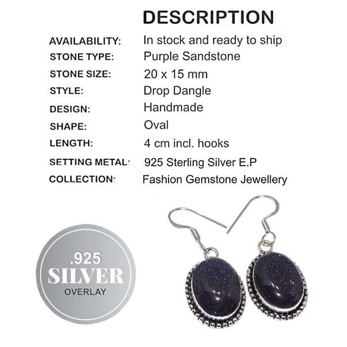Handmade Shimmery Sandstone Ovals set in 925 Sterling Silver Plated Antique Style Earrings