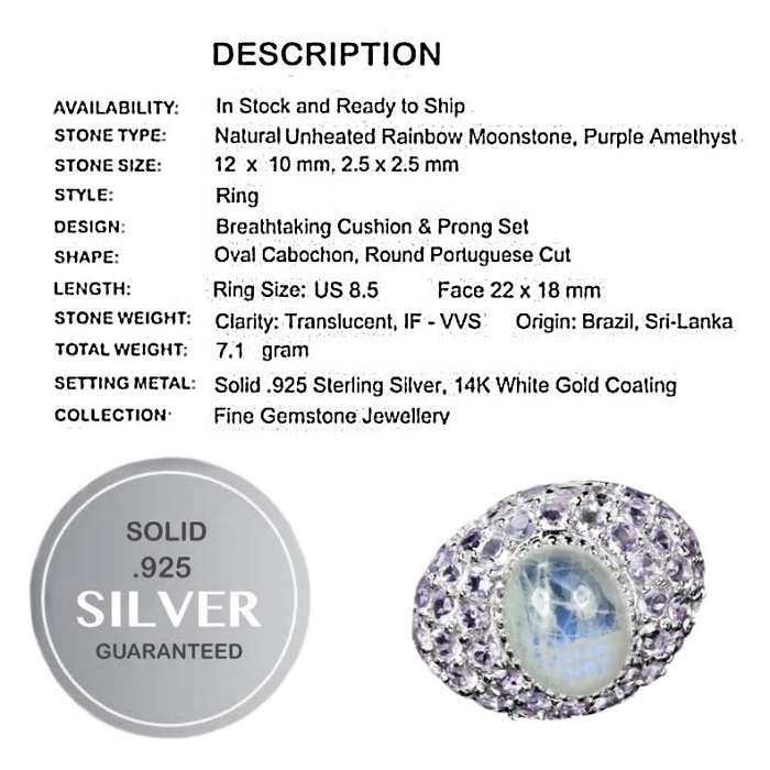 3.22 cts Natural Rainbow Moonstone, Purple Amethyst Solid .925 Silver Ring Size 8.5 or Q1/2