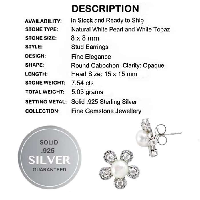 7.54 cts Natural White Pearl, White Topaz  set in Solid .925 Sterling Silver Earrings
