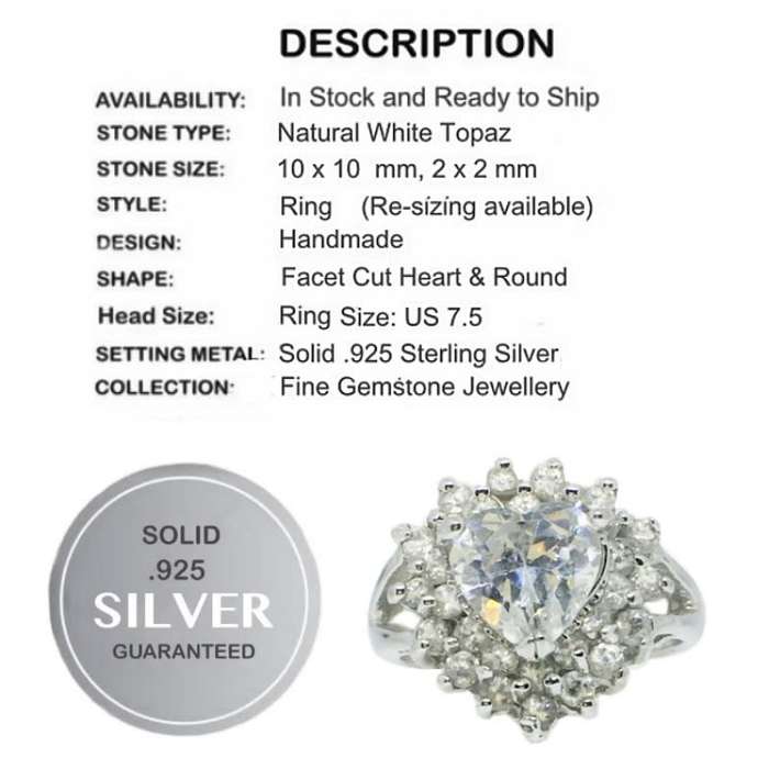 Handmade Natural White Topaz Gemstone in Solid .925 Sterling Silver Ring Size 7.5 or P