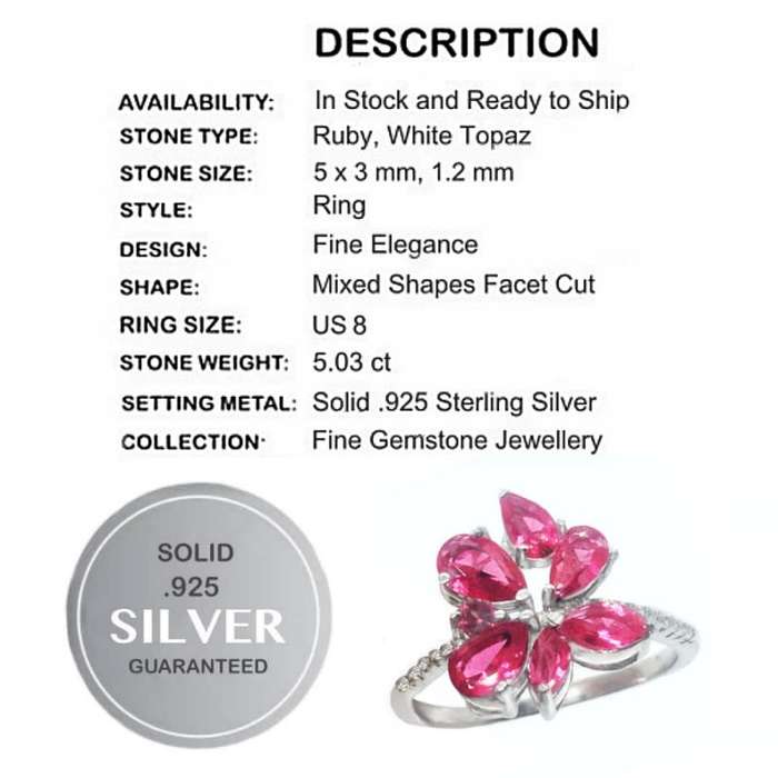 5.03 Cts Pink Red Ruby,and White Topaz set in .925 Solid Sterling Silver Ring Size 8 or Q